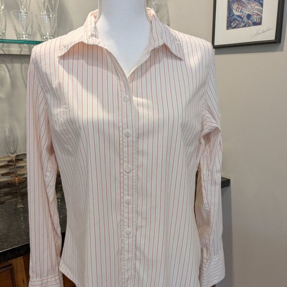 Women's Buttoned-Up Blouse Twin Stripe Red Yellow Long-Sleeve Collared Shirt - Picture 3 of 5